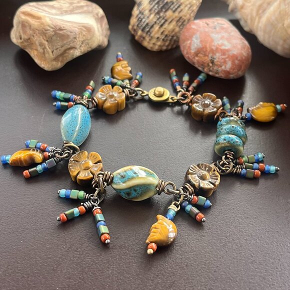 Tiger's Eye Carved Gemstones & Ceramic Art Beads Wire Wrapped Linked Bracelet - Picture 2 of 7